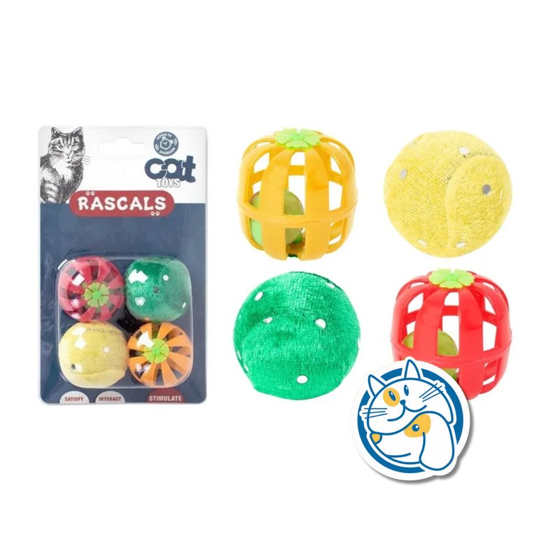 PACK DE 4 PELOTAS P/GATOS 2 C/CASCABEL 2 C/HIERBA GATERA COLORES SURTIDOS JUG71869